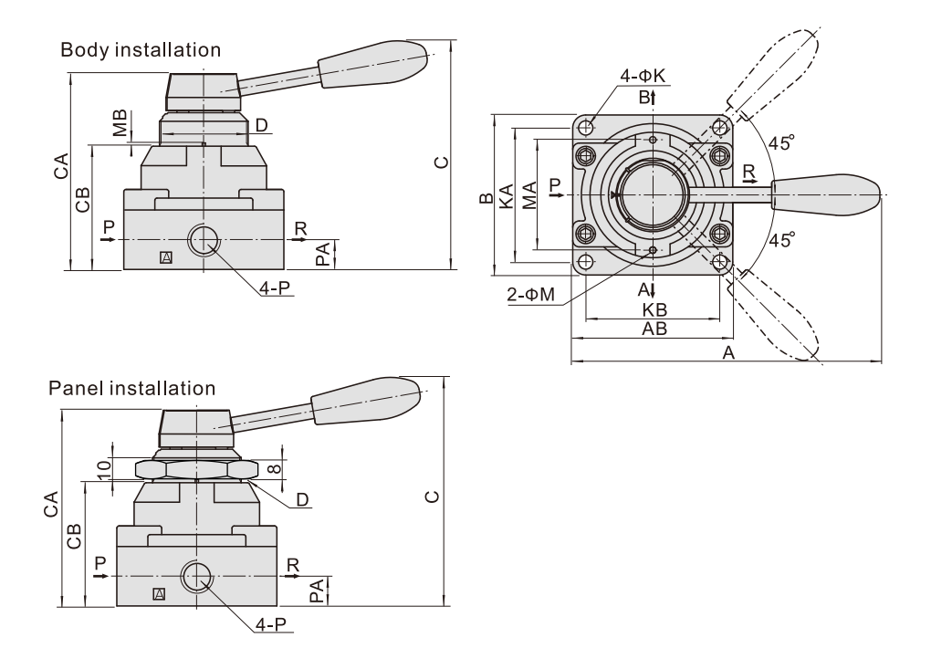 Van Cơ Khí Gạt Tay 4/3 Size 3/8inch Airtac 4HV330-10_drawing