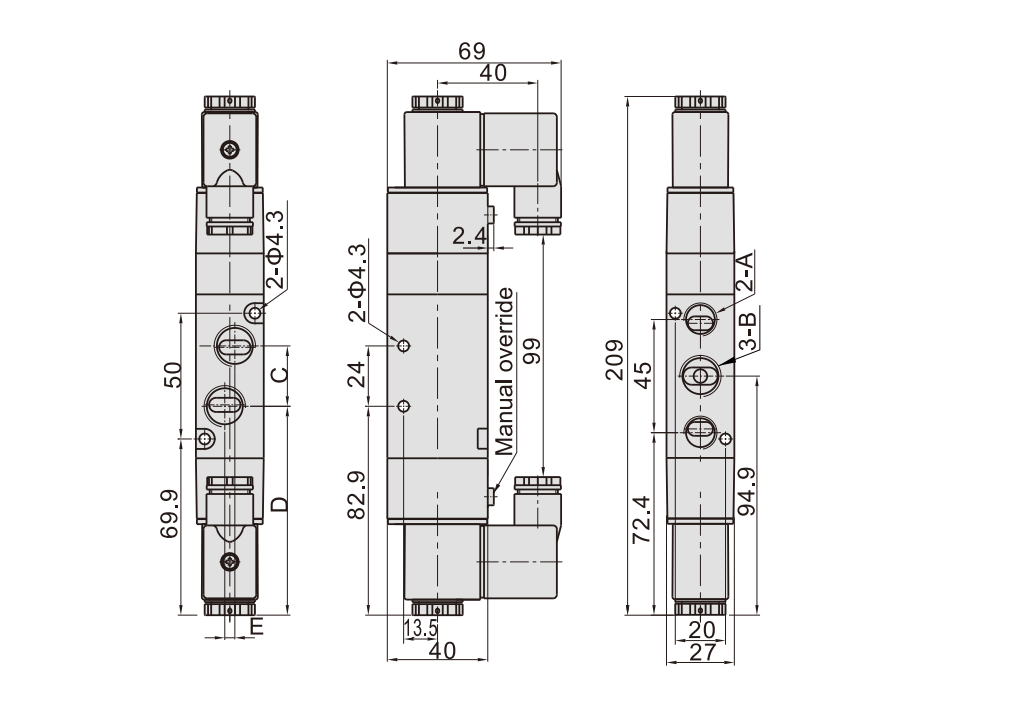 Van Điện Từ Khí Nén Solenoid 5/3 2 Coil PT3/8" Airtac 4V330C-10_drawing