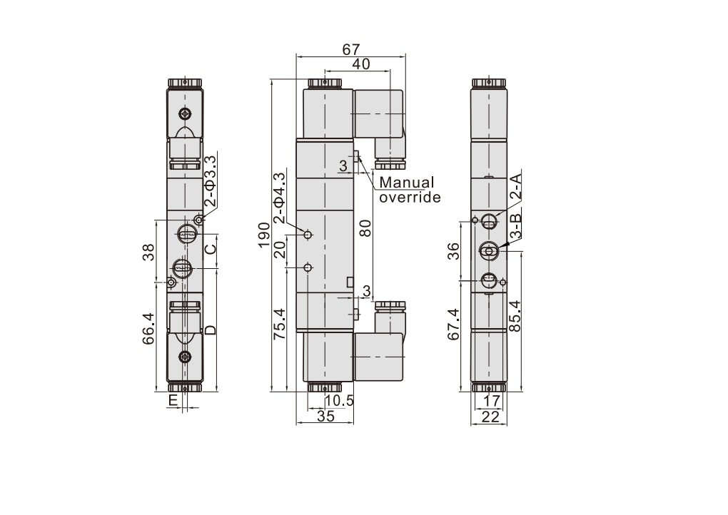 Van Điện Từ Khí Nén Solenoid 5/3 2 Coil PT1/8inch Airtac 4V230P-06B_drawing