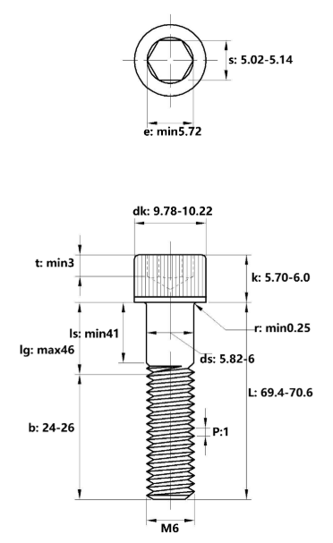 Lục Giác Chìm Đầu Trụ Inox 316 DIN912 M6x70 Ren Lửng (25Cái/Bịch)_drawing