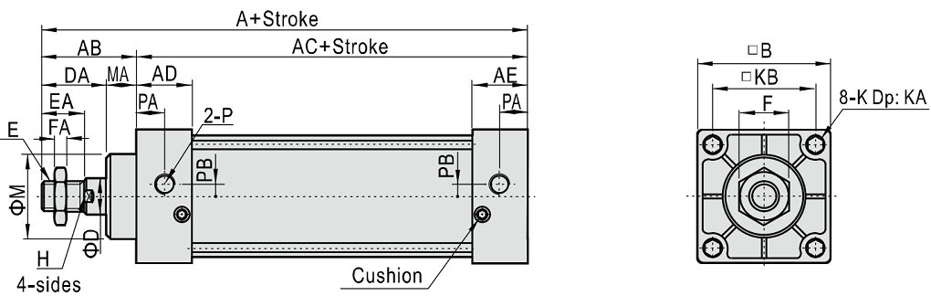 Xi Lanh Khí Nén Đế Vuông SC Ø32x25 PT1/8 Tác Động Kép Airtac SC32X25_drawing