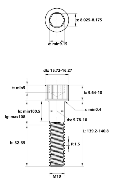 Lục Giác Chìm Đầu Trụ Thép Đen 12.9 DIN912 M10x140 Ren Lửng_drawing