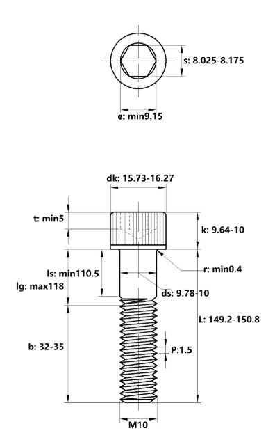 Lục Giác Chìm Đầu Trụ Thép Đen 12.9 DIN912 M10x150 Ren Lửng_drawing
