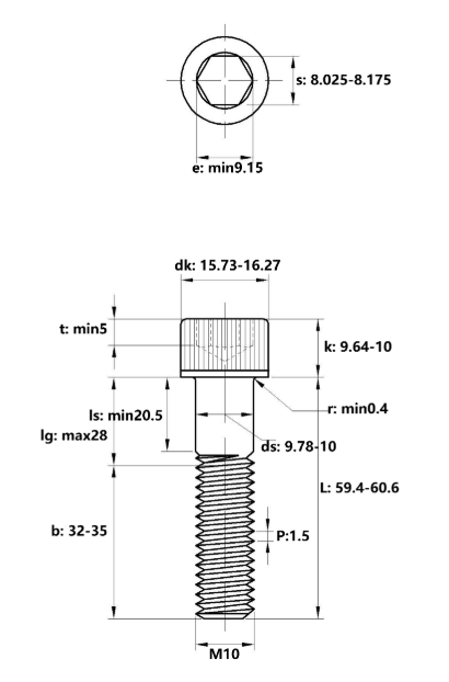 Lục Giác Chìm Đầu Trụ Thép Đen 12.9 DIN912 M10x60 Ren Lửng_drawing