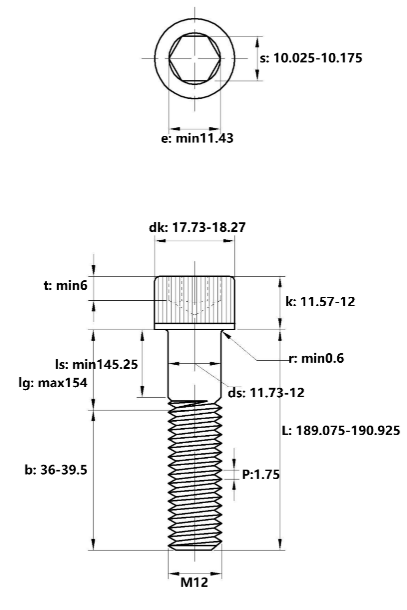 Lục Giác Chìm Đầu Trụ Thép Đen 12.9 DIN912 M12x190 Ren Lửng_drawing