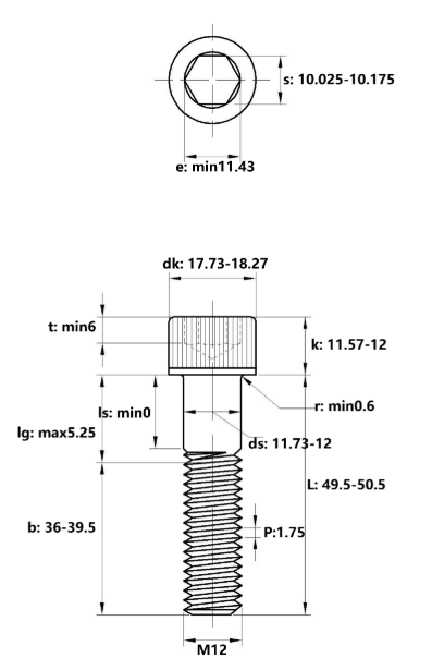 Lục Giác Chìm Đầu Trụ Thép Đen 12.9 DIN912 M12x50 Ren Lửng_drawing