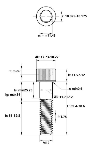 Lục Giác Chìm Đầu Trụ Thép Đen 12.9 DIN912 M12x70 Ren Lửng (25Cái/Bịch)_drawing