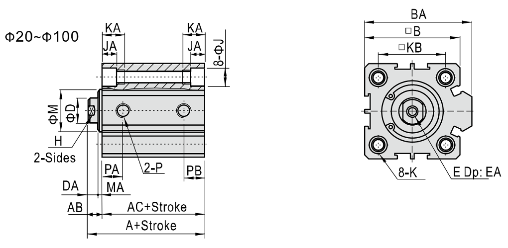 Xi Lanh Khí Nén Nhỏ Gọn Ø20x20 M5 Tác Động Kép Airtac SDA20X20-B_drawing