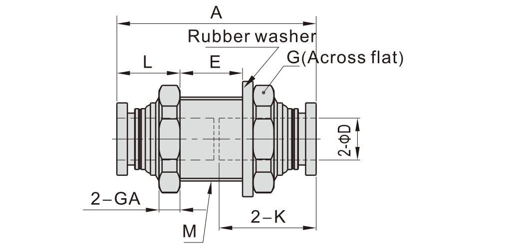 Đầu Nối Hơi 2 Đầu Siết Thành Phi 8 mm - M16 Đen Airtac PM8D_drawing
