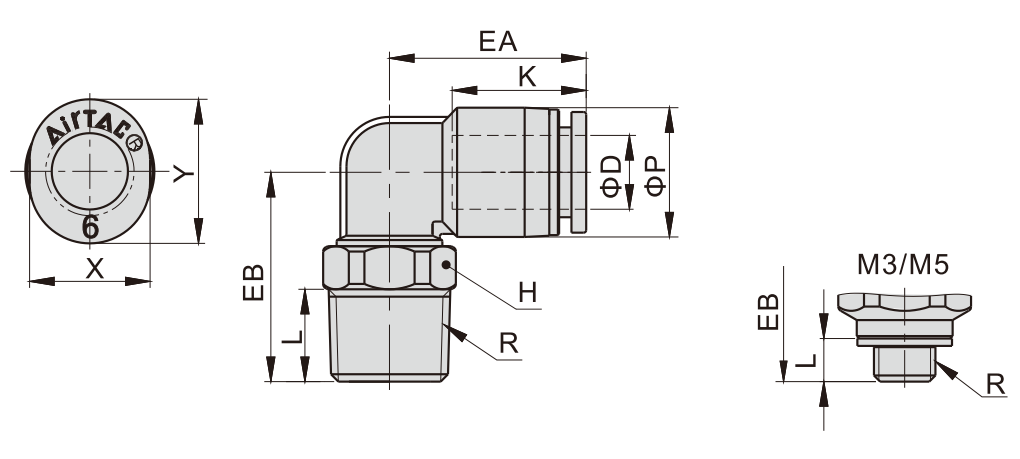 Đầu Nối Khí Cong Ren Ngoài Phi 10 mm - PT3/8 Đen Airtac PL1003D_drawing