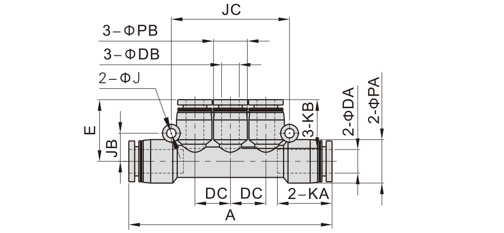 Đầu Nối Giảm Nhanh Khí Nén 3 Nhánh Ống 10-8mm Airtac PKG 10-8_drawing