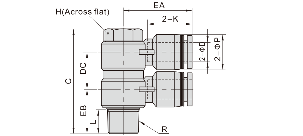Đầu Nối Chia 2 Ren Ngoài Phi 8 mm - PT1/4 Xám Airtac PHW802_drawing