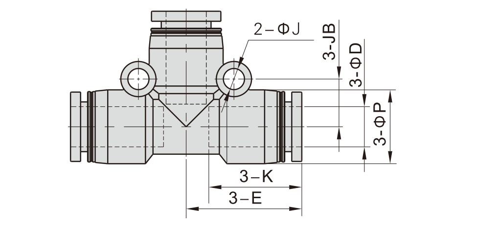 Đầu Nối Khí Chữ T Phi 12 mm Đen Airtac PE12D_drawing