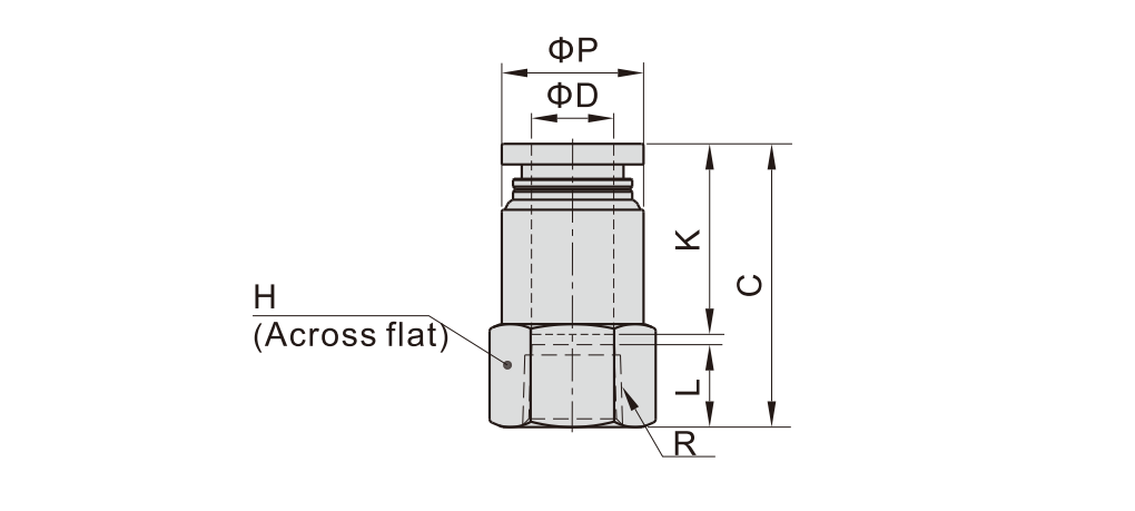 Đầu Nối Khí Thẳng Ren Trong Phi 8 mm - PT1/4 Đen Airtac PCF802D_drawing