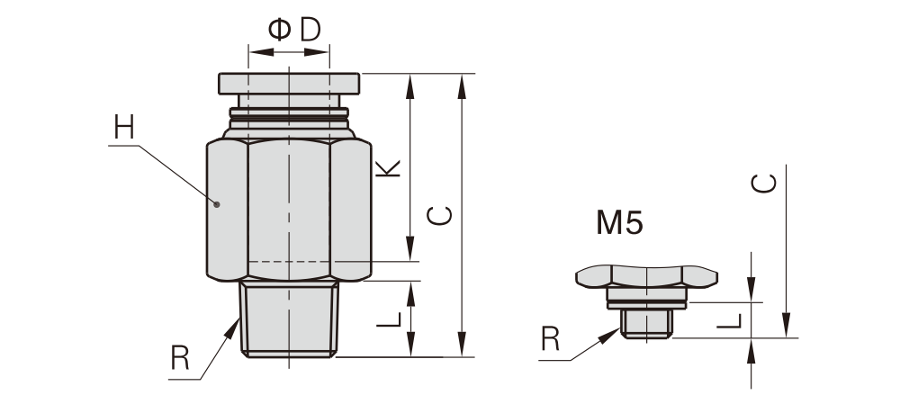 Đầu Nối Khí Thẳng Ren Ngoài OD8 mm - PT1/4 Xám Airtac PC802_drawing