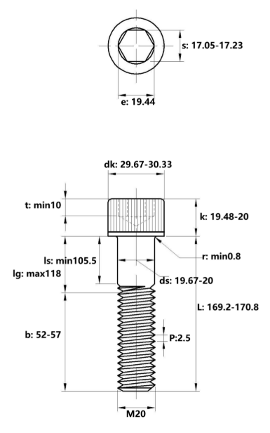 Lục Giác Chìm Đầu Trụ Thép Đen 12.9 DIN912 M20x170 Ren Lửng_drawing
