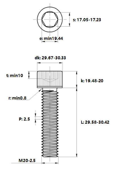 Lục Giác Chìm Đầu Trụ Thép Đen 12.9 DIN912 M20x30_drawing