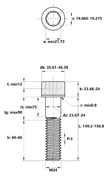 Lục Giác Chìm Đầu Trụ Thép Đen 12.9 DIN912 M24x150 Ren Lửng_drawing