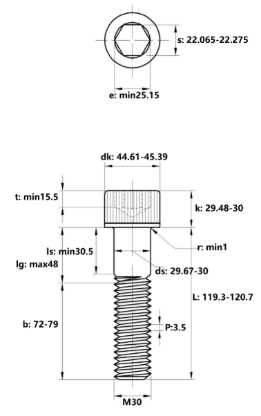 Lục Giác Chìm Đầu Trụ Thép Đen 12.9 DIN912 M30x120 Ren Lửng_drawing