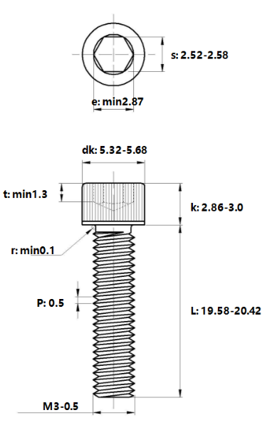 Lục Giác Chìm Đầu Trụ Thép Đen 12.9 DIN912 M3x20_drawing