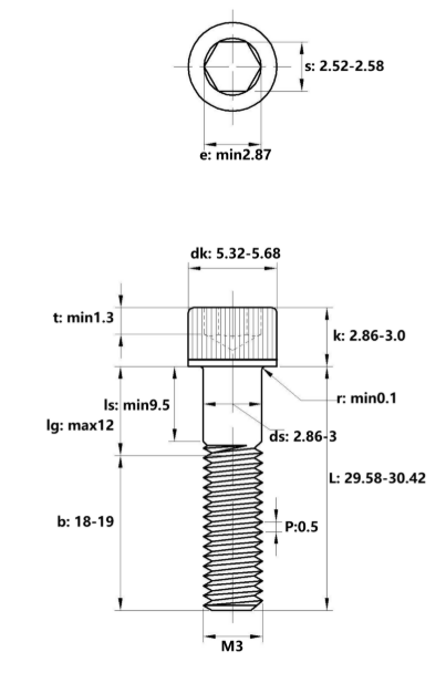 Lục Giác Chìm Đầu Trụ Thép Đen 12.9 DIN912 M3x30 Ren Lửng_drawing