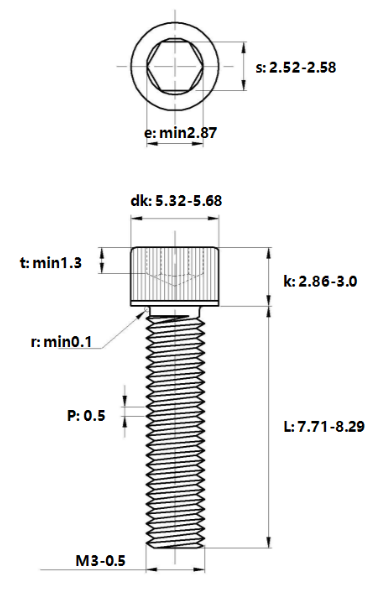 Lục Giác Chìm Đầu Trụ Thép Đen 12.9 DIN912 M3x8_drawing