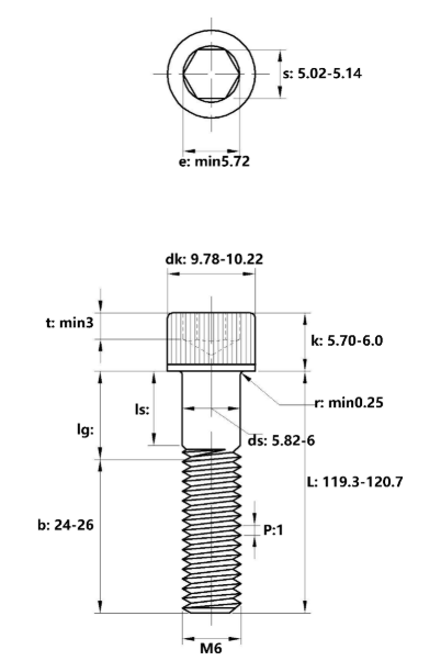 Lục Giác Chìm Đầu Trụ Thép Đen 12.9 DIN912 M6x120 Ren Lửng_drawing