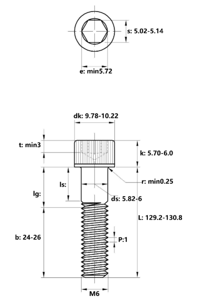 Lục Giác Chìm Đầu Trụ Thép Đen 12.9 DIN912 M6x130 Ren Lửng_drawing