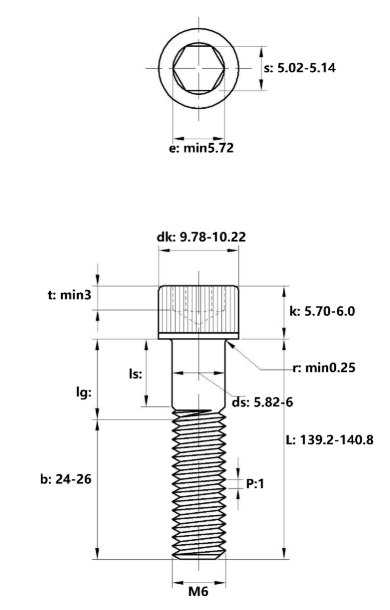 Lục Giác Chìm Đầu Trụ Thép Đen 12.9 DIN912 M6x140 Ren Lửng_drawing