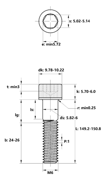 Lục Giác Chìm Đầu Trụ Thép Đen 12.9 DIN912 M6x150 Ren Lửng_drawing