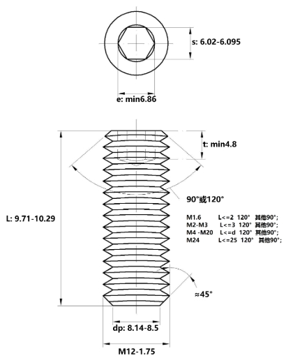 Vít Trí Đuôi Bằng Thép Đen 10.9 DIN913 M12x10_drawing