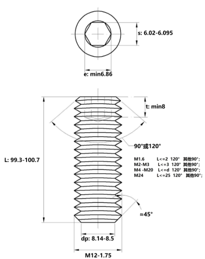 Vít Trí Đuôi Bằng Thép Đen 10.9 DIN913 M12x100_drawing