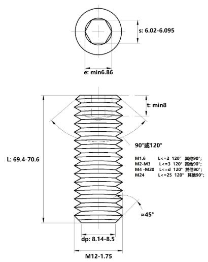 Vít Trí Đuôi Bằng Thép Đen 10.9 DIN913 M12x70_drawing