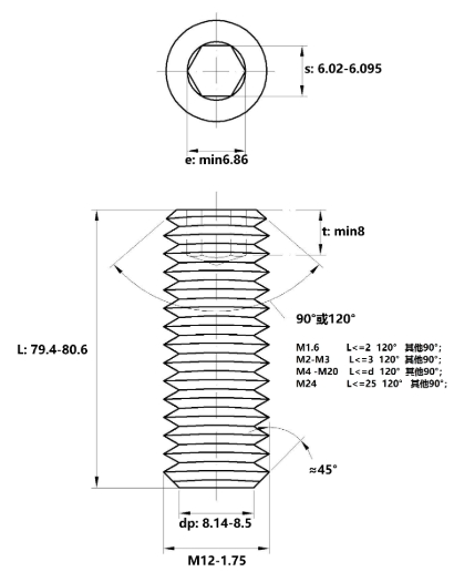 Vít Trí Đuôi Bằng Thép Đen 10.9 DIN913 M12x80_drawing