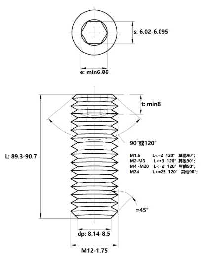 Vít Trí Đuôi Bằng Thép Đen 10.9 DIN913 M12x90_drawing