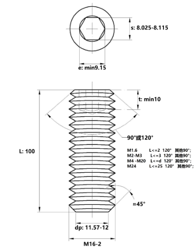 Vít Trí Đuôi Bằng Thép Đen 10.9 DIN913 M16x100_drawing