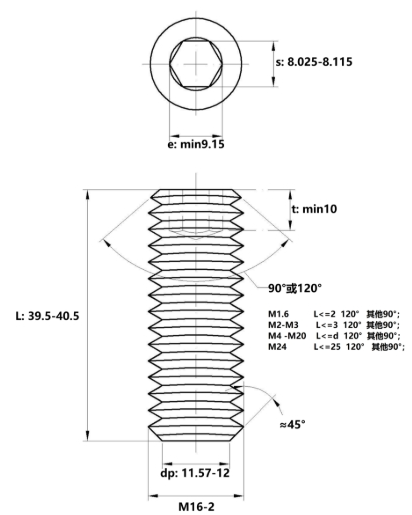Vít Trí Đuôi Bằng Thép Đen 10.9 DIN913 M16x40_drawing