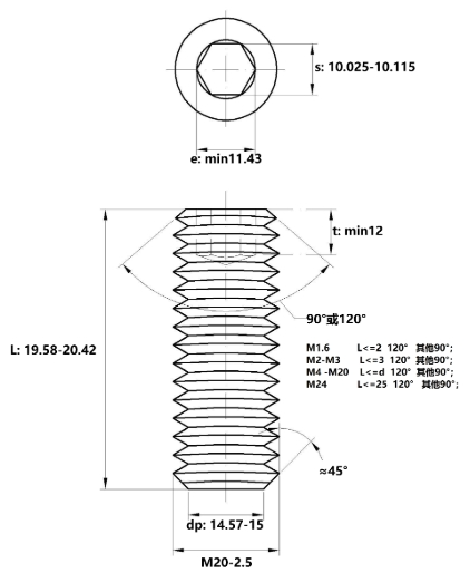 Vít Trí Đuôi Bằng Thép Đen 10.9 DIN913 M20x20_drawing