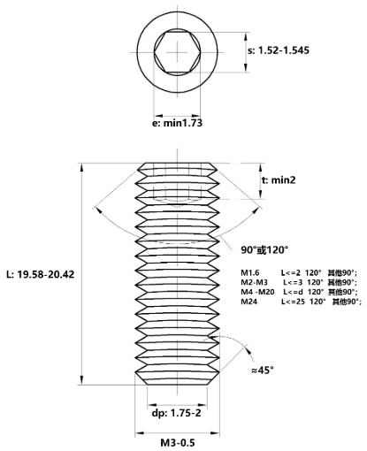 Vít Trí Đuôi Bằng Thép Đen 10.9 DIN913 M3x20_drawing