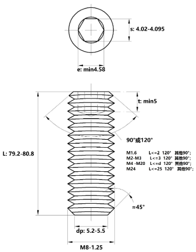 Vít Trí Đuôi Bằng Thép Đen 10.9 DIN913 M8x80_drawing