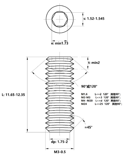 Vít Trí Đuôi Bằng Thép Mạ Kẽm 10.9 DIN913 M3x12_drawing