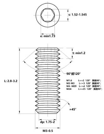Vít Trí Đuôi Bằng Thép Mạ Kẽm 10.9 DIN913 M3x3_drawing