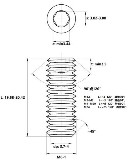 Vít Trí Đuôi Bằng Thép Mạ Kẽm 10.9 DIN913 M6x20_drawing