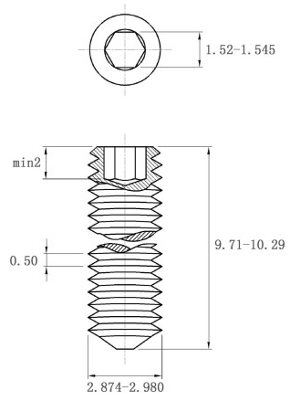 Vít Trí Đuôi Nhọn Inox 304 DIN914 M3x10_drawing