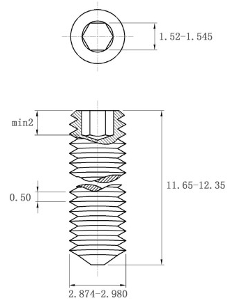 Vít Trí Đuôi Nhọn Inox 304 DIN914 M3x12_drawing