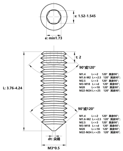 Vít Trí Đuôi Nhọn Thép Đen 10.9 DIN914 M3x4_drawing