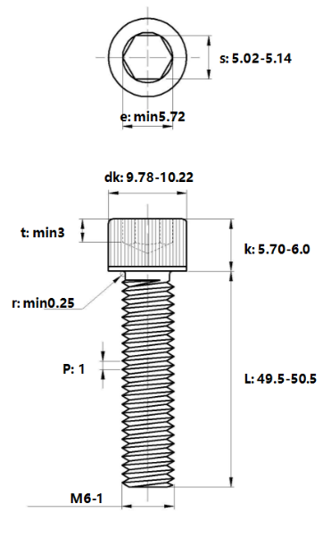 Lục Giác Chìm Đầu Trụ Thép Đen 12.9 DIN912 M6x50_drawing