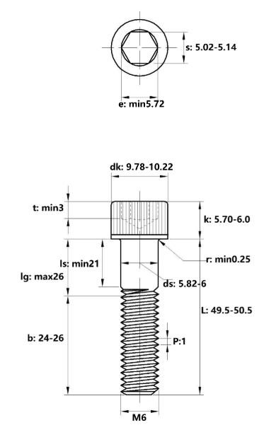 Lục Giác Chìm Đầu Trụ Thép Đen 12.9 DIN912 M6x50 Ren Lửng (25Cái/Bịch)_drawing