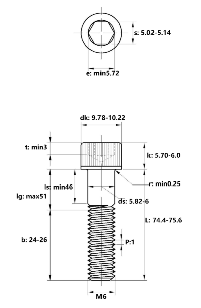 Lục Giác Chìm Đầu Trụ Thép Đen 12.9 DIN912 M6x75 Ren Lửng_drawing
