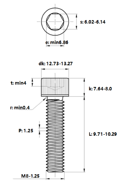 Lục Giác Chìm Đầu Trụ Thép Đen 12.9 DIN912 M8x10_drawing